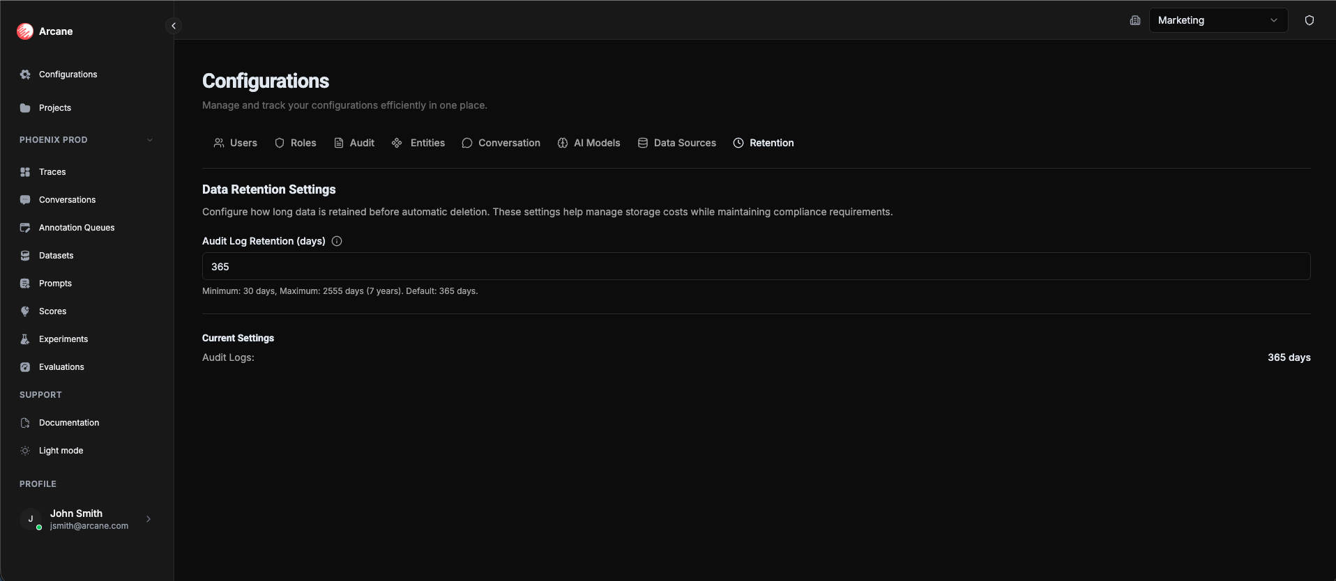 Configurations - Retention tab