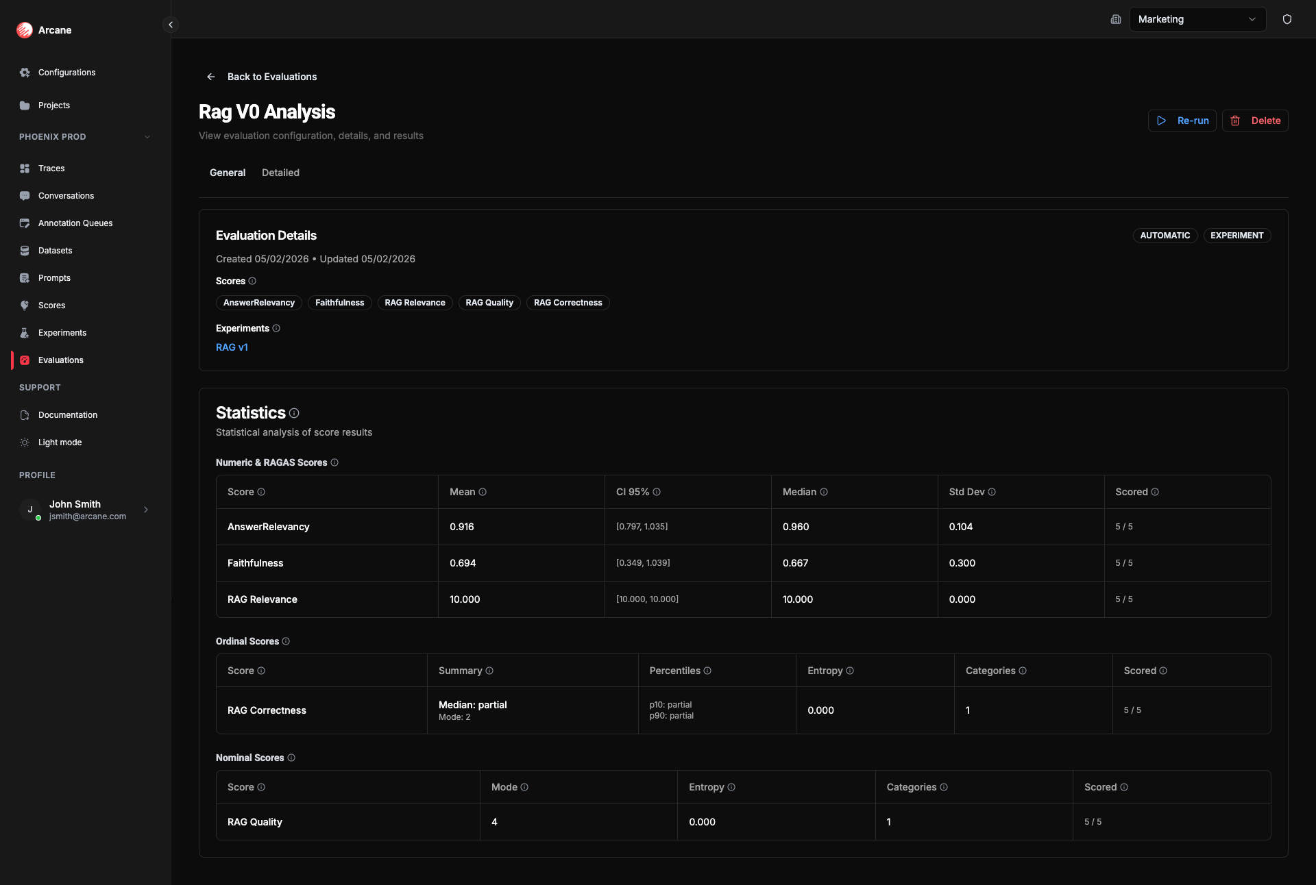 Evaluation detail — Single experiment (General tab)