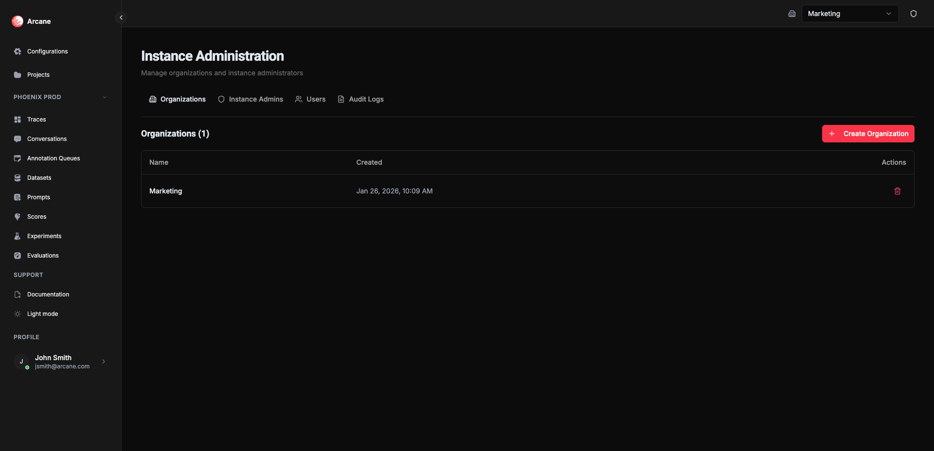 Instance Administration - Organizations tab