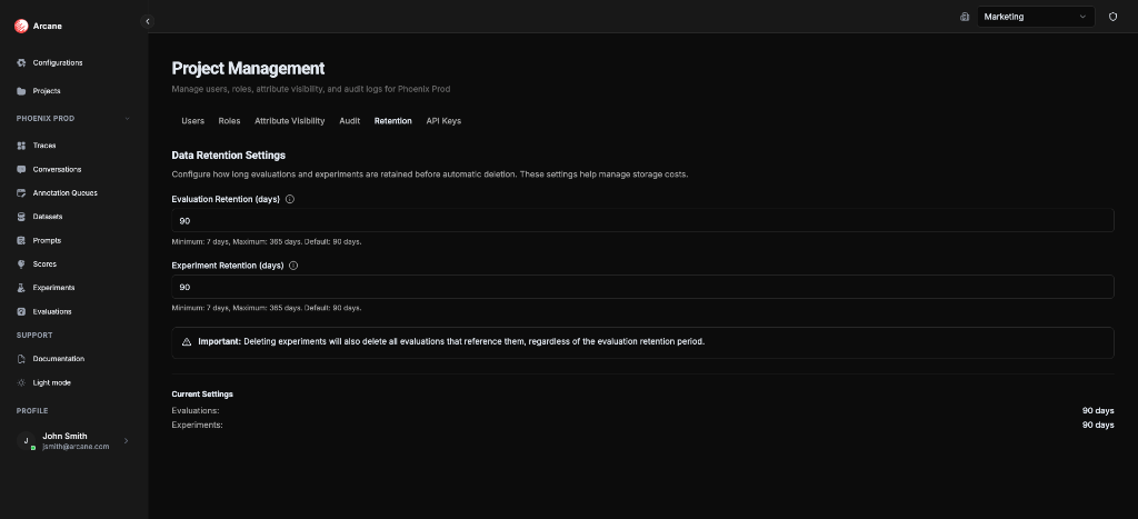 Manage Project - Retention tab