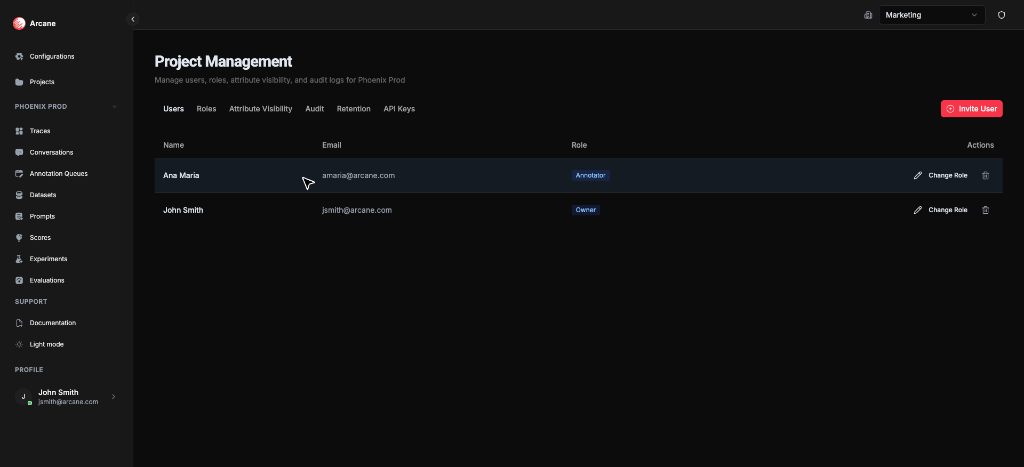 Manage Project - Users tab
